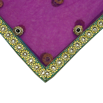 Indian Vintage Heavy Wedding Purple Dupatta Net Mesh Long Stole Hand Embroidered Scarves Golden Zardozi Dabka Zari Stole