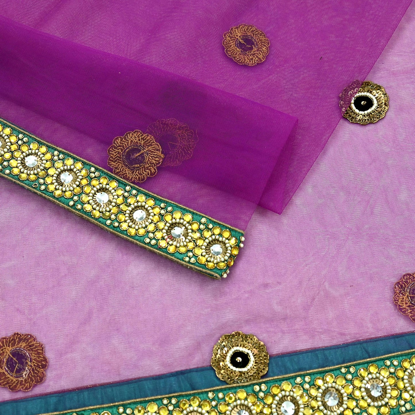 Indian Vintage Heavy Wedding Purple Dupatta Net Mesh Long Stole Hand Embroidered Scarves Golden Zardozi Dabka Zari Stole