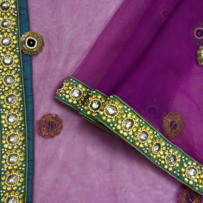 Indian Vintage Heavy Wedding Purple Dupatta Net Mesh Long Stole Hand Embroidered Scarves Golden Zardozi Dabka Zari Stole