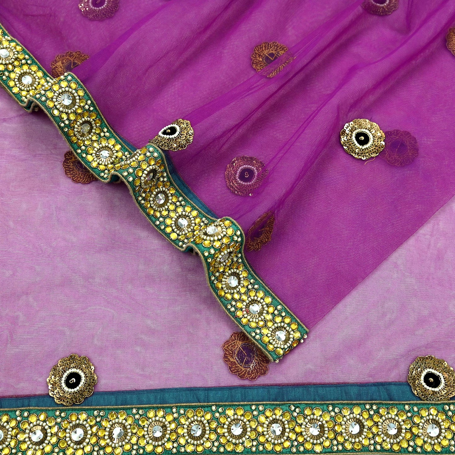 Indian Vintage Heavy Wedding Purple Dupatta Net Mesh Long Stole Hand Embroidered Scarves Golden Zardozi Dabka Zari Stole