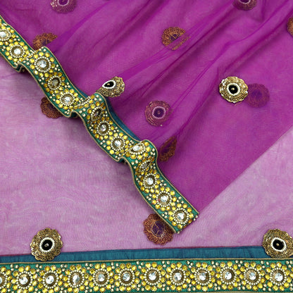 Indian Vintage Heavy Wedding Purple Dupatta Net Mesh Long Stole Hand Embroidered Scarves Golden Zardozi Dabka Zari Stole