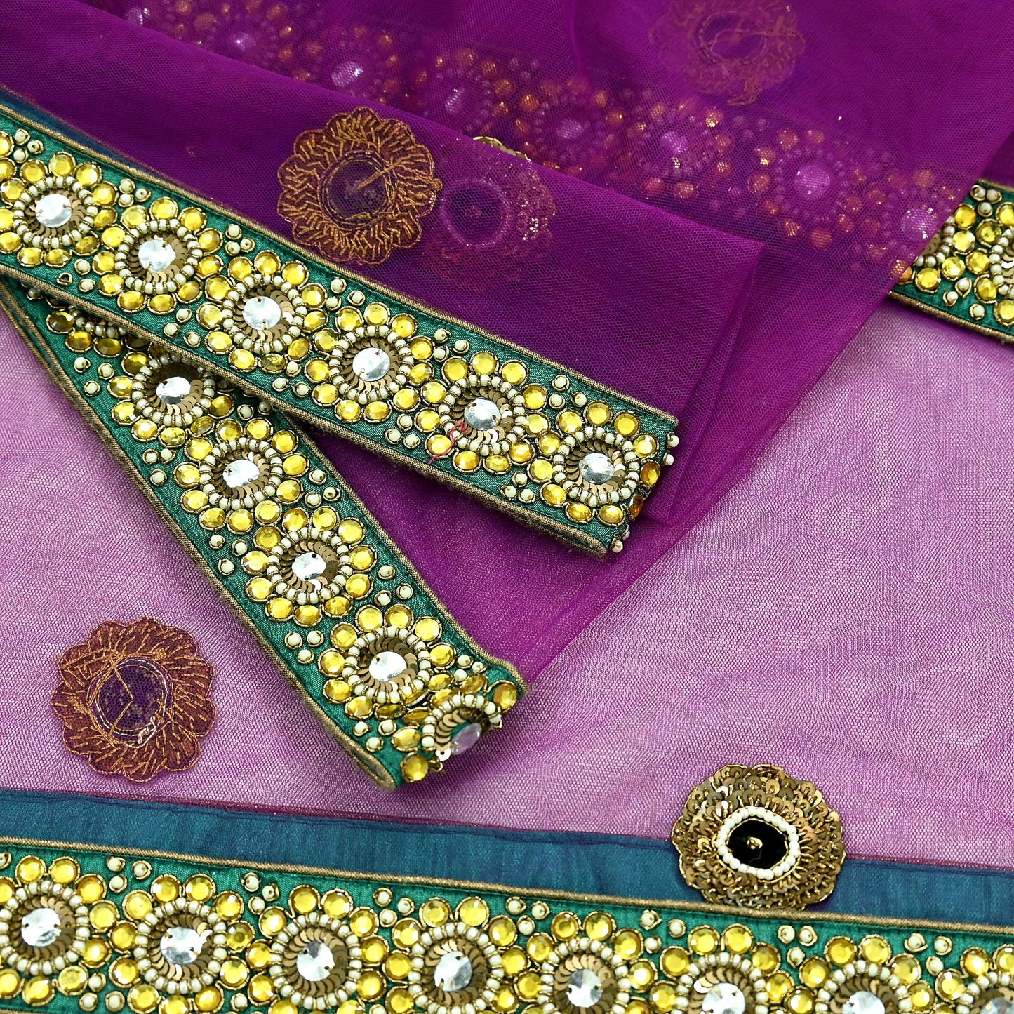 Indian Vintage Heavy Wedding Purple Dupatta Net Mesh Long Stole Hand Embroidered Scarves Golden Zardozi Dabka Zari Stole