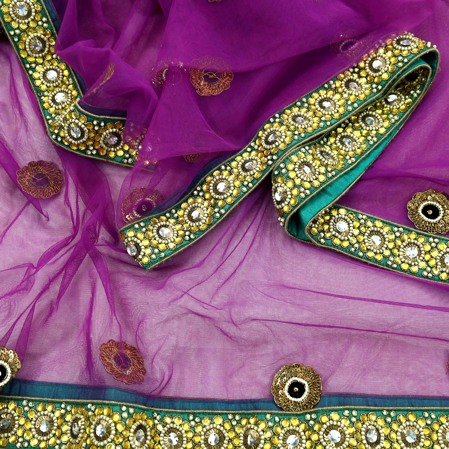 Indian Vintage Heavy Wedding Purple Dupatta Net Mesh Long Stole Hand Embroidered Scarves Golden Zardozi Dabka Zari Stole