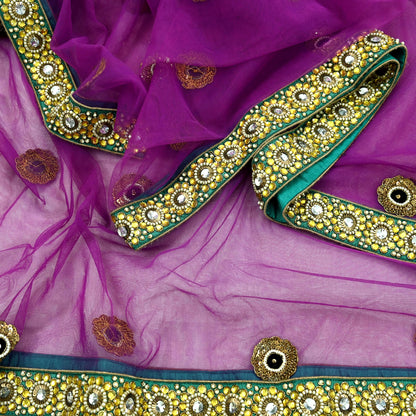 Indian Vintage Heavy Wedding Purple Dupatta Net Mesh Long Stole Hand Embroidered Scarves Golden Zardozi Dabka Zari Stole