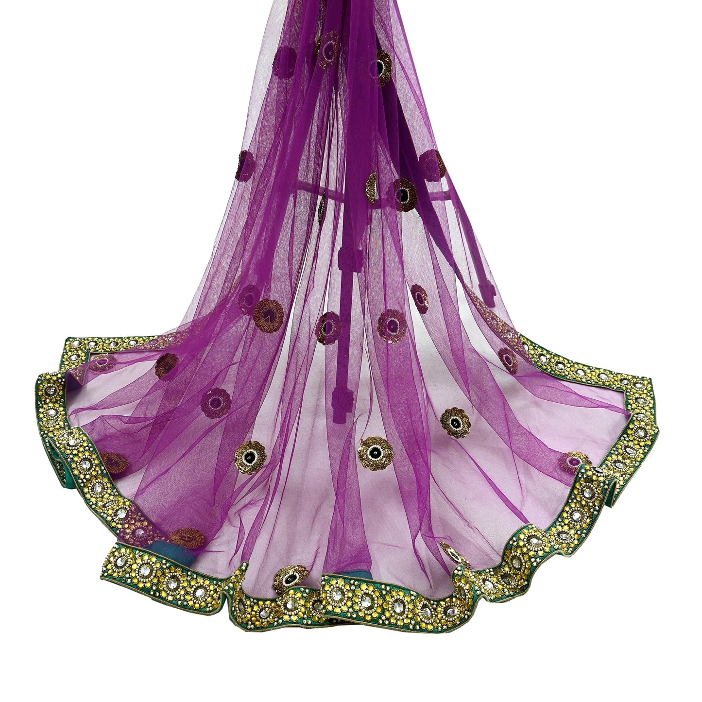 Indian Vintage Heavy Wedding Purple Dupatta Net Mesh Long Stole Hand Embroidered Scarves Golden Zardozi Dabka Zari Stole