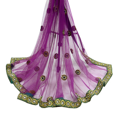 Indian Vintage Heavy Wedding Purple Dupatta Net Mesh Long Stole Hand Embroidered Scarves Golden Zardozi Dabka Zari Stole