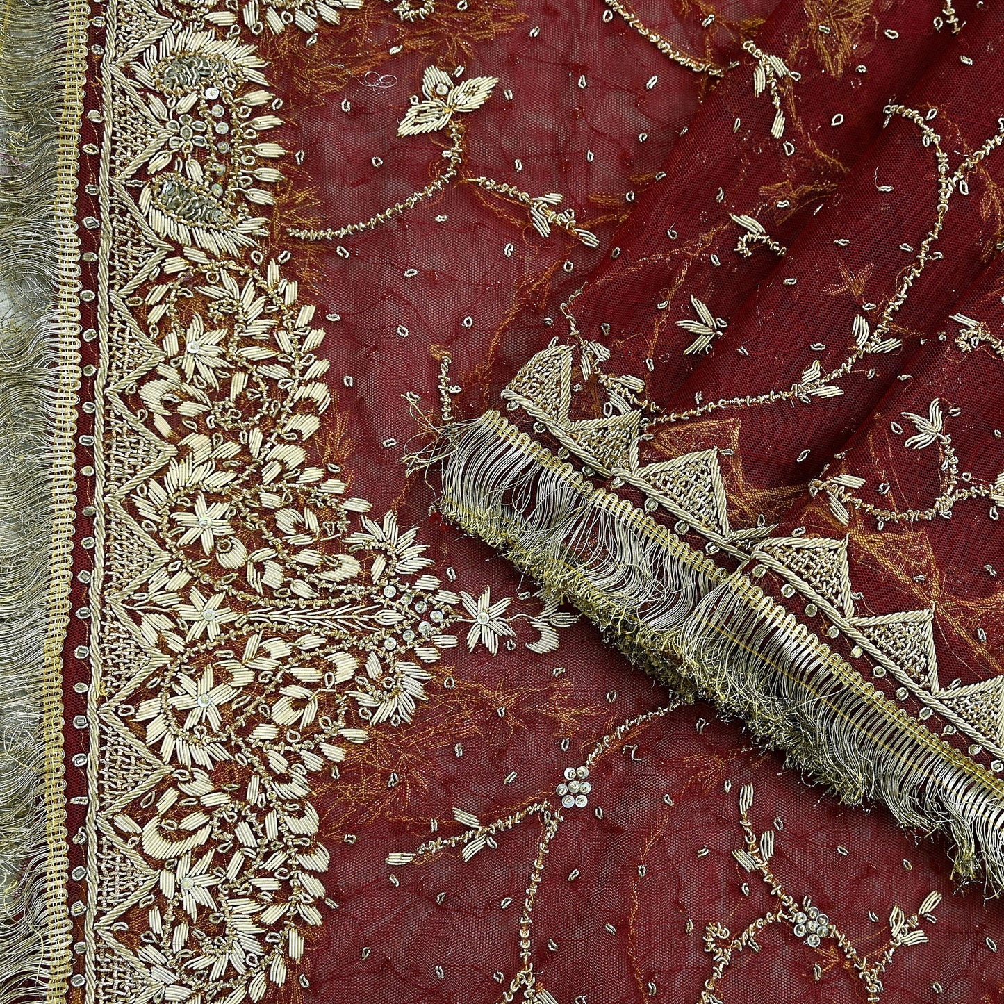 Indian Vintage Heavy Wedding Maroon Dupatta Net Mesh Long Stole Hand Embroidered Scarves Golden Zardozi Zari Sequins Dridal Veil Hijab