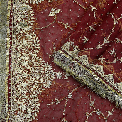Indian Vintage Heavy Wedding Maroon Dupatta Net Mesh Long Stole Hand Embroidered Scarves Golden Zardozi Zari Sequins Dridal Veil Hijab
