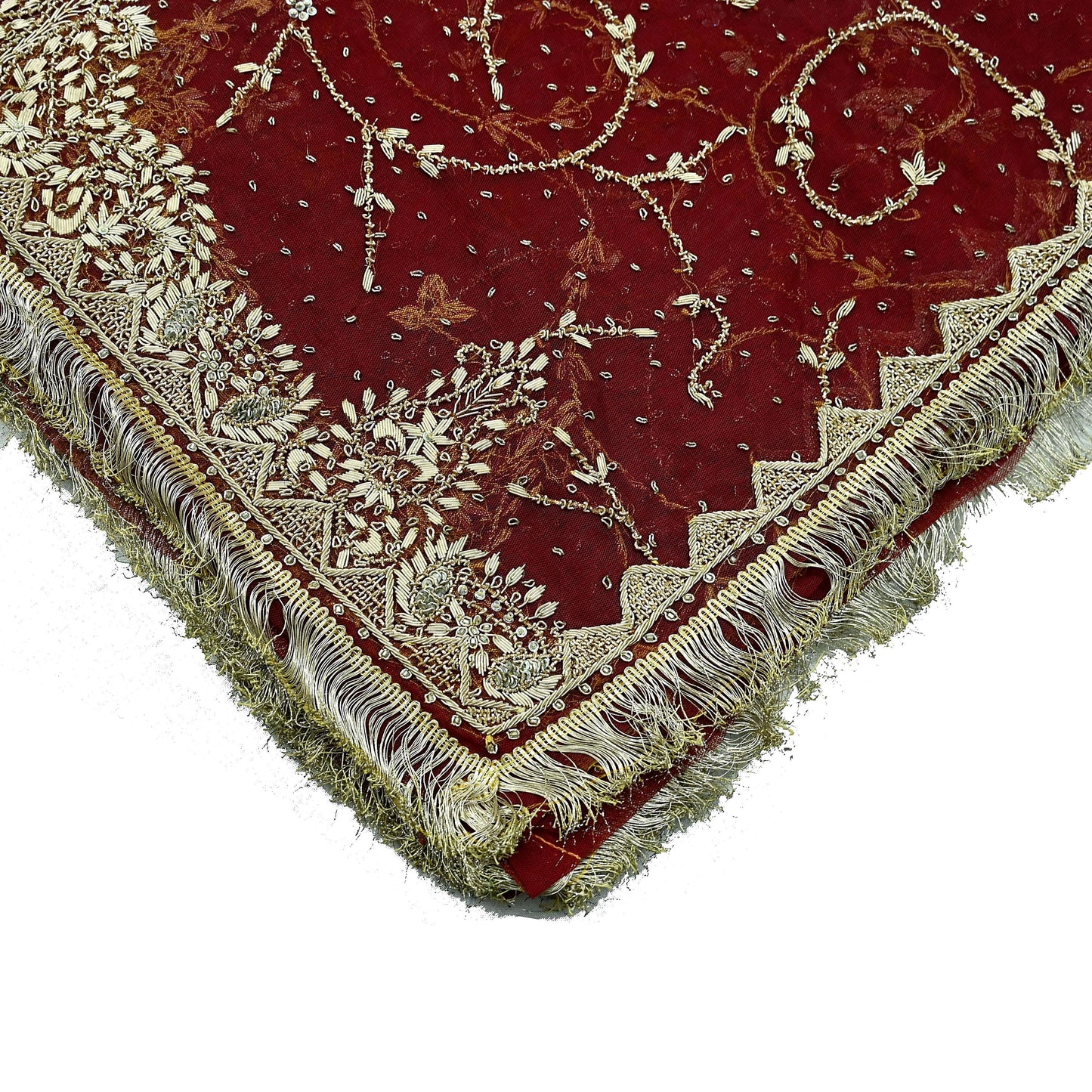 Indian Vintage Heavy Wedding Maroon Dupatta Net Mesh Long Stole Hand Embroidered Scarves Golden Zardozi Zari Sequins Dridal Veil Hijab