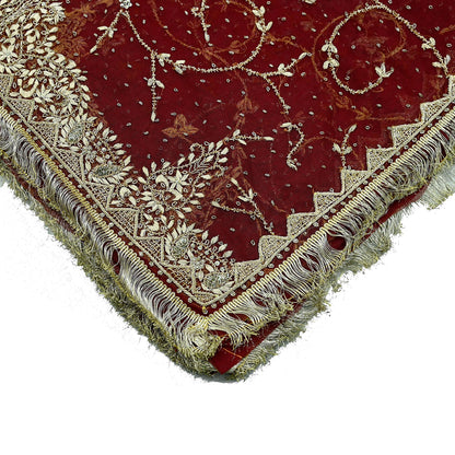 Indian Vintage Heavy Wedding Maroon Dupatta Net Mesh Long Stole Hand Embroidered Scarves Golden Zardozi Zari Sequins Dridal Veil Hijab