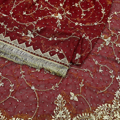 Indian Vintage Heavy Wedding Maroon Dupatta Net Mesh Long Stole Hand Embroidered Scarves Golden Zardozi Zari Sequins Dridal Veil Hijab