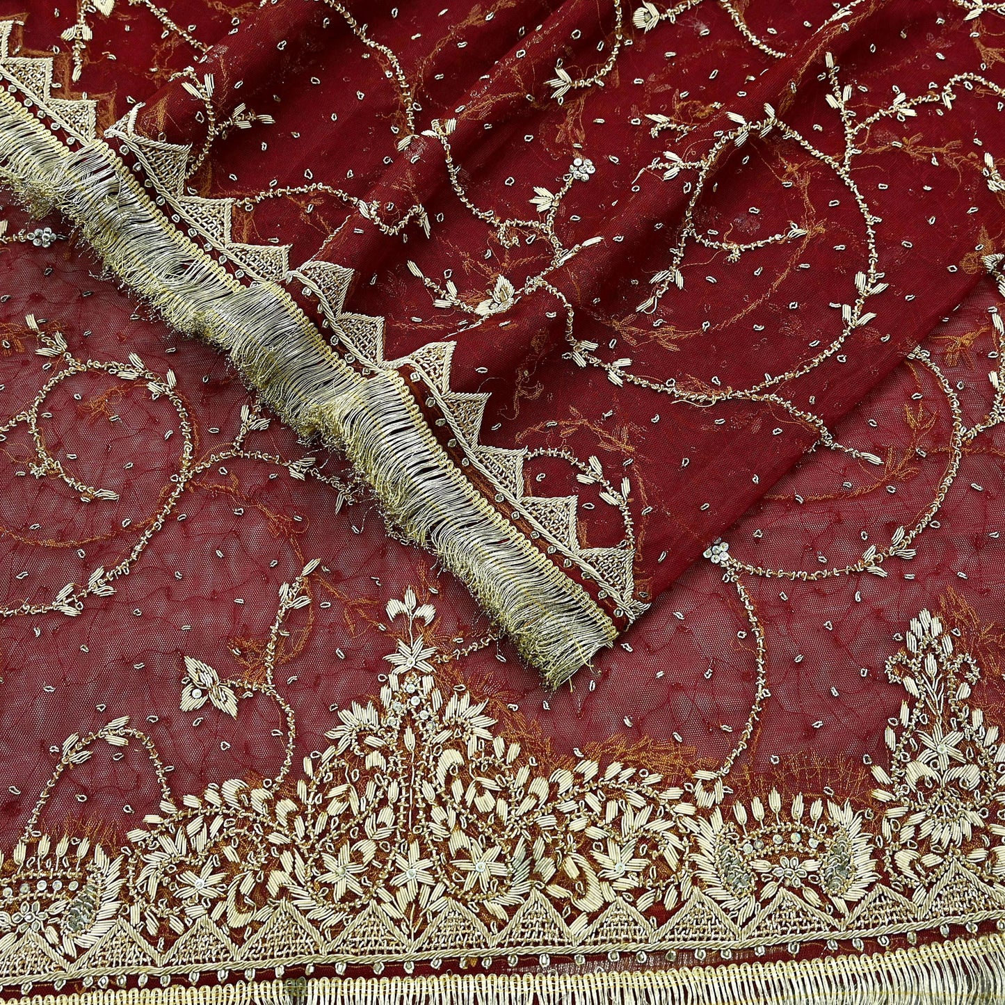 Indian Vintage Heavy Wedding Maroon Dupatta Net Mesh Long Stole Hand Embroidered Scarves Golden Zardozi Zari Sequins Dridal Veil Hijab