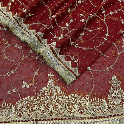 Indian Vintage Heavy Wedding Maroon Dupatta Net Mesh Long Stole Hand Embroidered Scarves Golden Zardozi Zari Sequins Dridal Veil Hijab