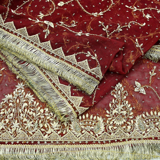 Indian Vintage Heavy Wedding Maroon Dupatta Net Mesh Long Stole Hand Embroidered Scarves Golden Zardozi Zari Sequins Dridal Veil Hijab