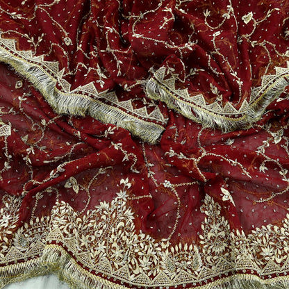 Indian Vintage Heavy Wedding Maroon Dupatta Net Mesh Long Stole Hand Embroidered Scarves Golden Zardozi Zari Sequins Dridal Veil Hijab
