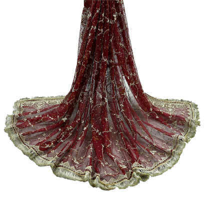 Indian Vintage Heavy Wedding Maroon Dupatta Net Mesh Long Stole Hand Embroidered Scarves Golden Zardozi Zari Sequins Dridal Veil Hijab