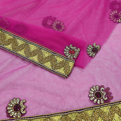 Indian Vintage Heavy Bridal Pink Dupatta Net Mesh Long Stole Hand Embroidered Scarves Golden Zardozi Dabka Zari Sequins Wedding Veil Hijab