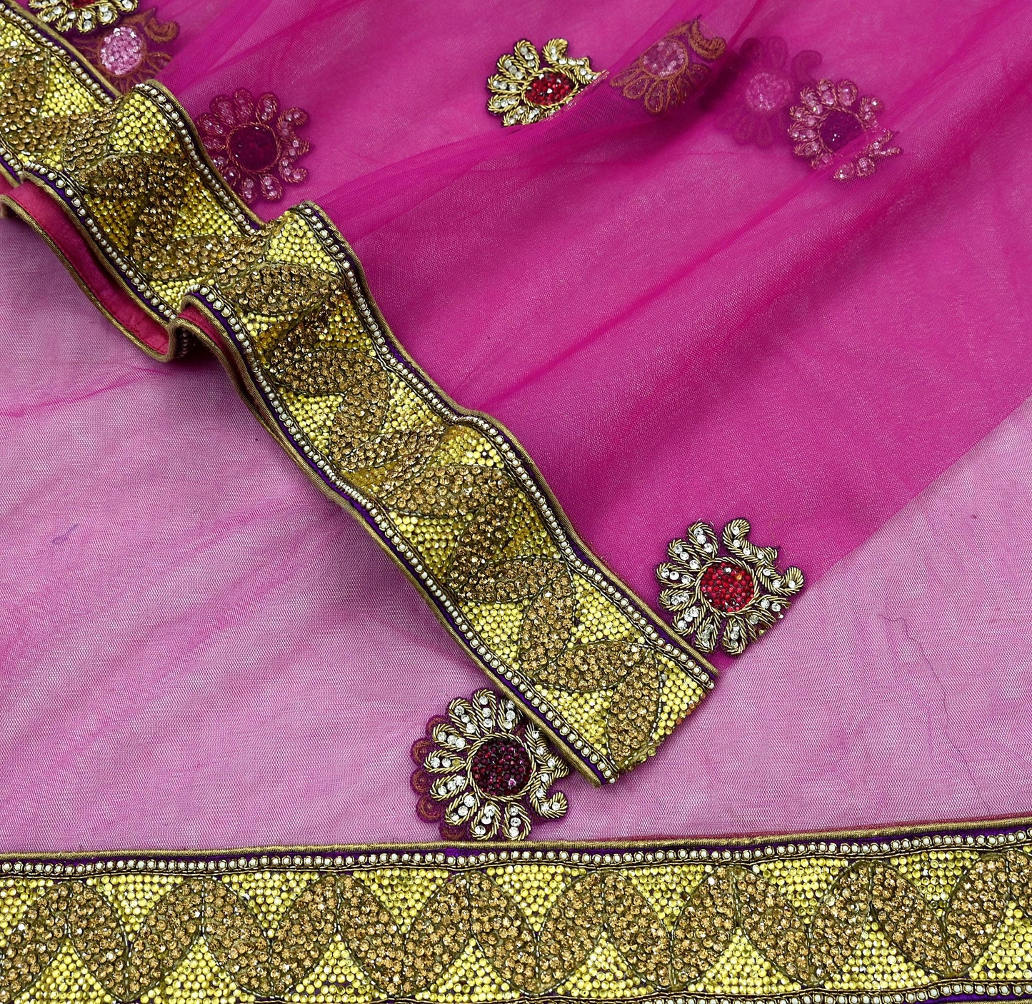 Indian Vintage Heavy Bridal Pink Dupatta Net Mesh Long Stole Hand Embroidered Scarves Golden Zardozi Dabka Zari Sequins Wedding Veil Hijab