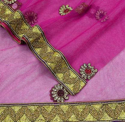 Indian Vintage Heavy Bridal Pink Dupatta Net Mesh Long Stole Hand Embroidered Scarves Golden Zardozi Dabka Zari Sequins Wedding Veil Hijab