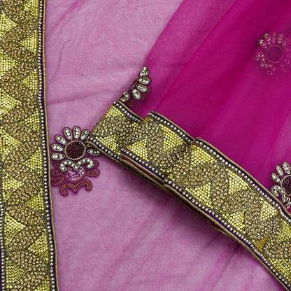 Indian Vintage Heavy Bridal Pink Dupatta Net Mesh Long Stole Hand Embroidered Scarves Golden Zardozi Dabka Zari Sequins Wedding Veil Hijab