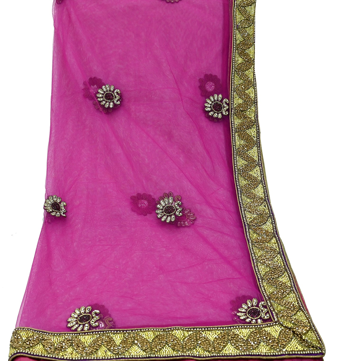 Indian Vintage Heavy Bridal Pink Dupatta Net Mesh Long Stole Hand Embroidered Scarves Golden Zardozi Dabka Zari Sequins Wedding Veil Hijab