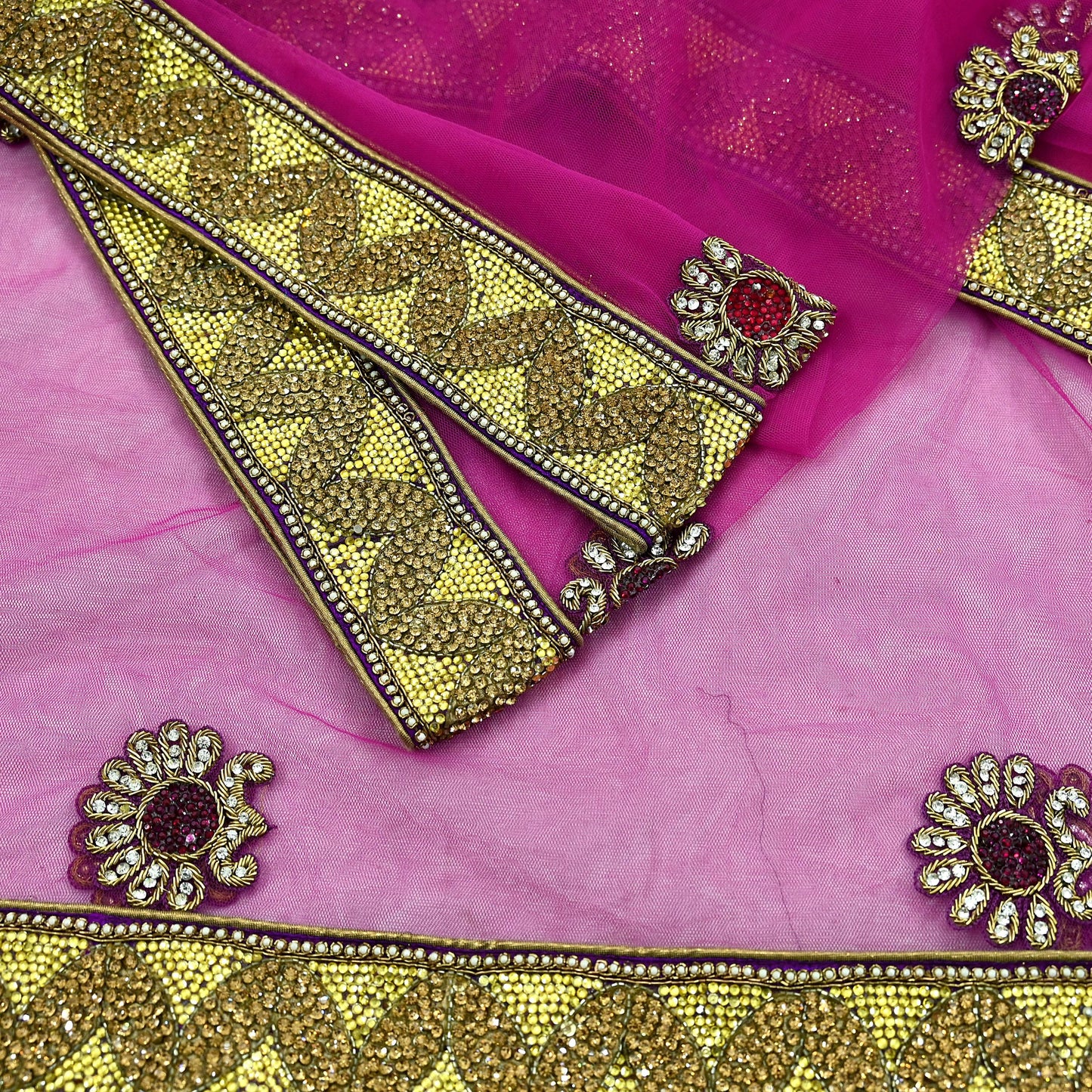Indian Vintage Heavy Bridal Pink Dupatta Net Mesh Long Stole Hand Embroidered Scarves Golden Zardozi Dabka Zari Sequins Wedding Veil Hijab