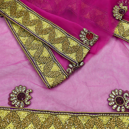 Indian Vintage Heavy Bridal Pink Dupatta Net Mesh Long Stole Hand Embroidered Scarves Golden Zardozi Dabka Zari Sequins Wedding Veil Hijab