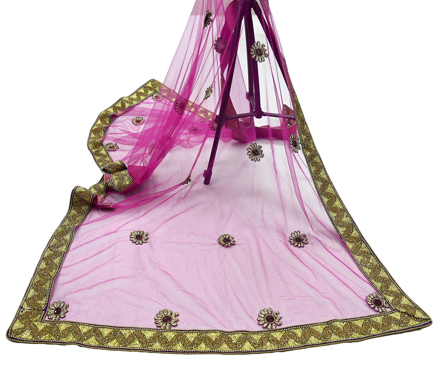Indian Vintage Heavy Bridal Pink Dupatta Net Mesh Long Stole Hand Embroidered Scarves Golden Zardozi Dabka Zari Sequins Wedding Veil Hijab