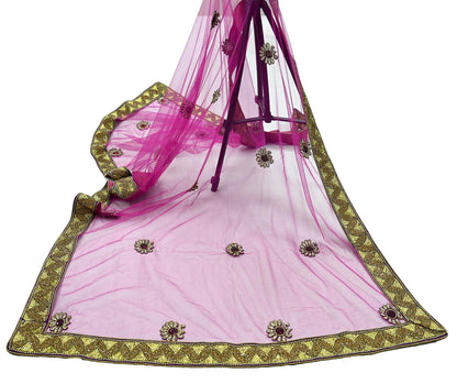 Indian Vintage Heavy Bridal Pink Dupatta Net Mesh Long Stole Hand Embroidered Scarves Golden Zardozi Dabka Zari Sequins Wedding Veil Hijab
