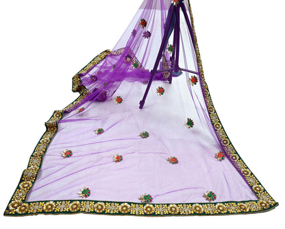 Indian Vintage Heavy Wedding Purple Dupatta Net Mesh Long Stole Hand Embroidered Scarves Golden Zardozi Dabka Zari Stole
