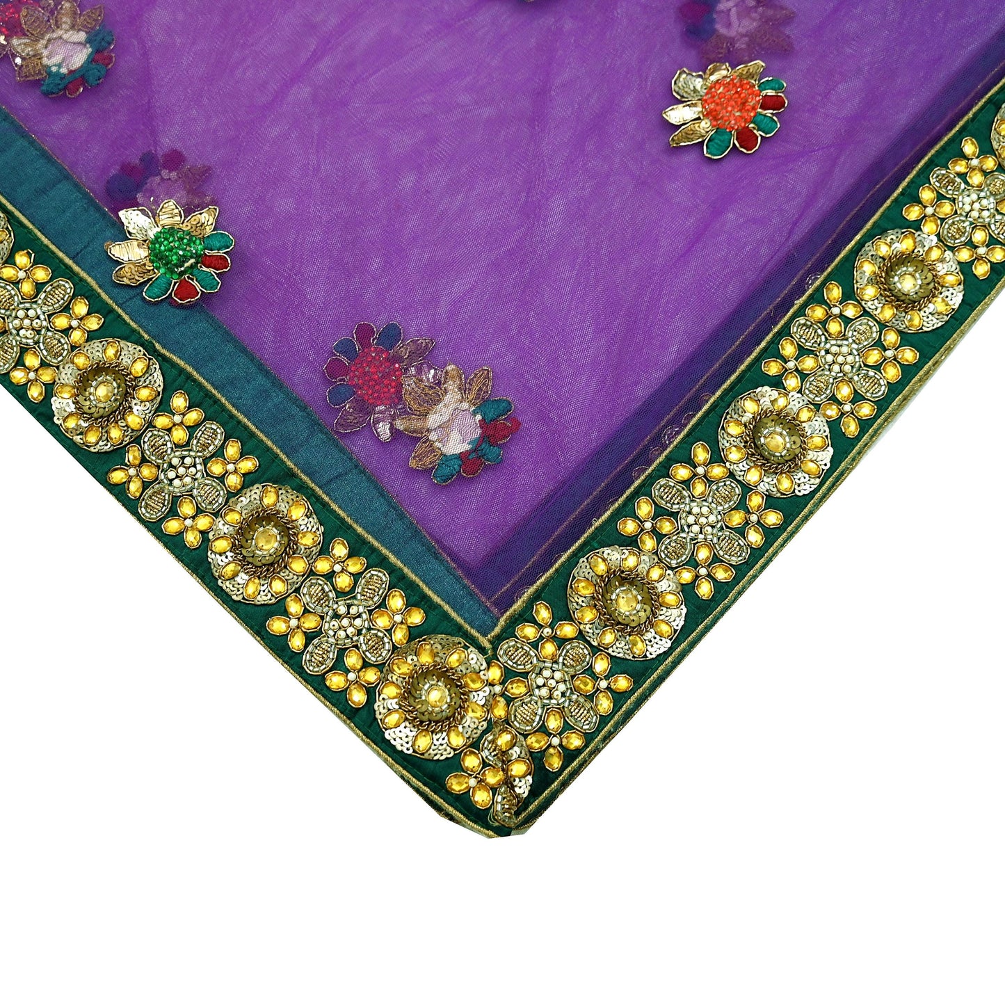 Indian Vintage Heavy Wedding Purple Dupatta Net Mesh Long Stole Hand Embroidered Scarves Golden Zardozi Dabka Zari Stole