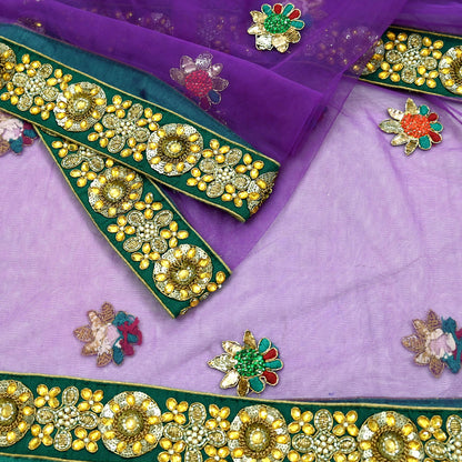 Indian Vintage Heavy Wedding Purple Dupatta Net Mesh Long Stole Hand Embroidered Scarves Golden Zardozi Dabka Zari Stole