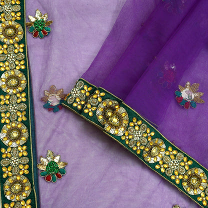 Indian Vintage Heavy Wedding Purple Dupatta Net Mesh Long Stole Hand Embroidered Scarves Golden Zardozi Dabka Zari Stole