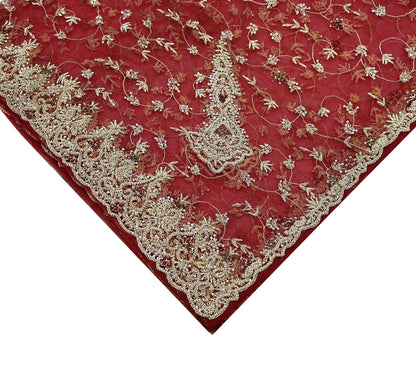Indian Vintage Heavy Wedding Maroon Dupatta Net Mesh Long Stole Hand Embroidered Scarves Golden Zardozi Zari Sequins Dridal Veil Hijab