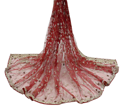 Indian Vintage Heavy Wedding Maroon Dupatta Net Mesh Long Stole Hand Embroidered Scarves Golden Zardozi Zari Sequins Dridal Veil Hijab
