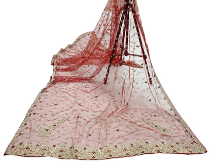 Indian Vintage Heavy Wedding Maroon Dupatta Net Mesh Long Stole Hand Embroidered Scarves Golden Zardozi Zari Sequins Dridal Veil Hijab