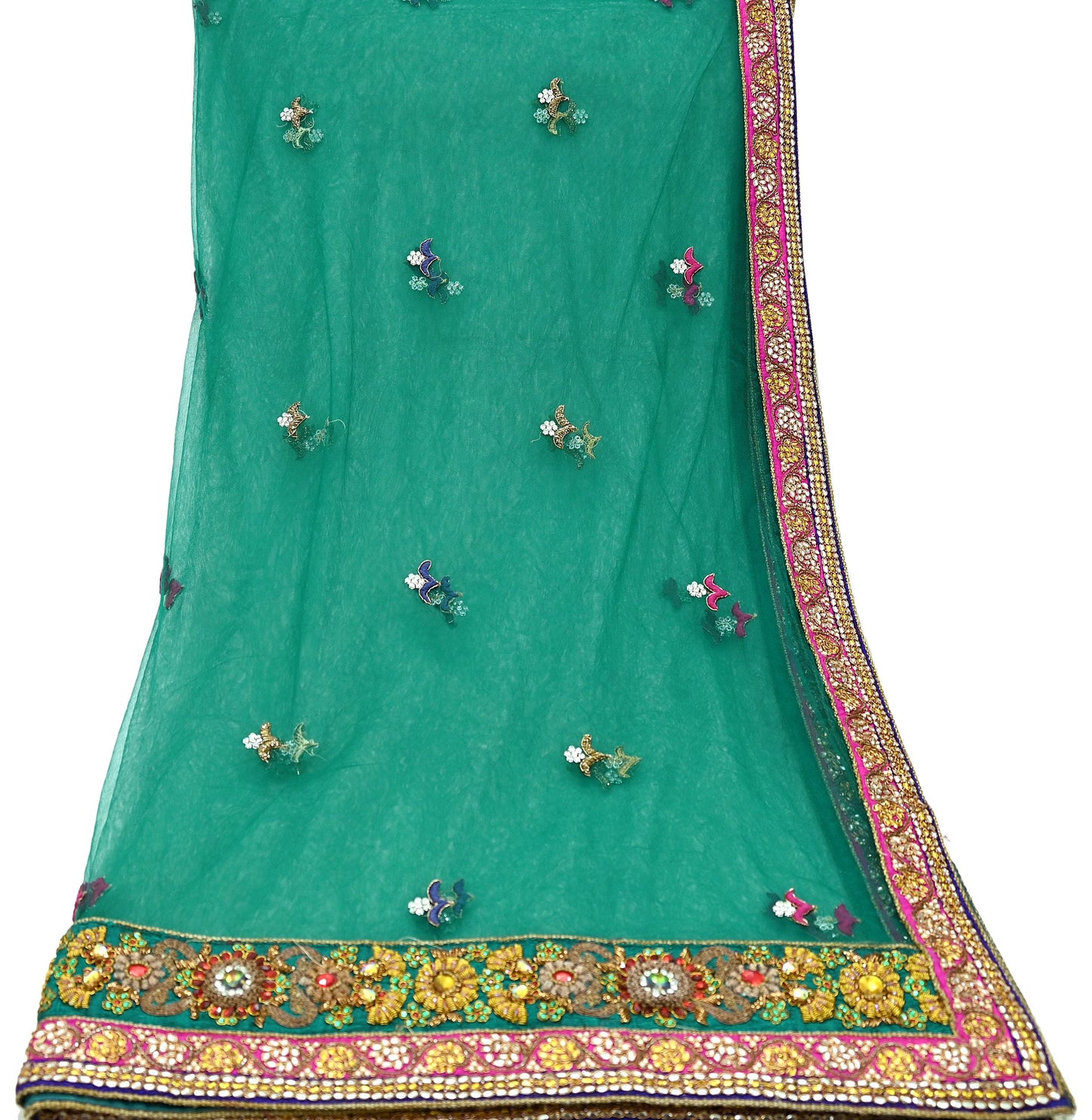 Indian Vintage Heavy Bridal Green Net Dupatta Hand Embroidered Zardozi Zari Sequins Stole Floral Design Hijab Veil Wedding/Party Wear