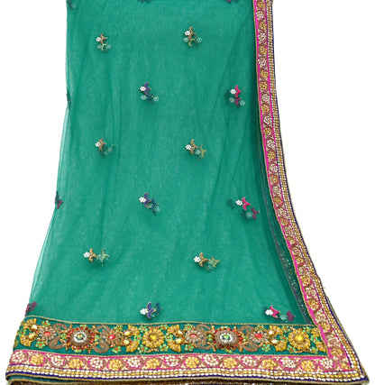 Indian Vintage Heavy Bridal Green Net Dupatta Hand Embroidered Zardozi Zari Sequins Stole Floral Design Hijab Veil Wedding/Party Wear
