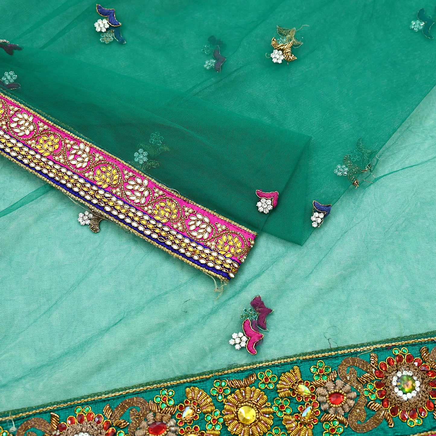 Indian Vintage Heavy Bridal Green Net Dupatta Hand Embroidered Zardozi Zari Sequins Stole Floral Design Hijab Veil Wedding/Party Wear