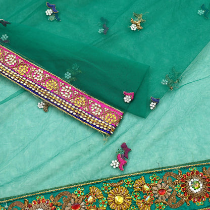Indian Vintage Heavy Bridal Green Net Dupatta Hand Embroidered Zardozi Zari Sequins Stole Floral Design Hijab Veil Wedding/Party Wear