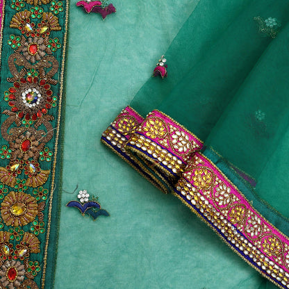 Indian Vintage Heavy Bridal Green Net Dupatta Hand Embroidered Zardozi Zari Sequins Stole Floral Design Hijab Veil Wedding/Party Wear