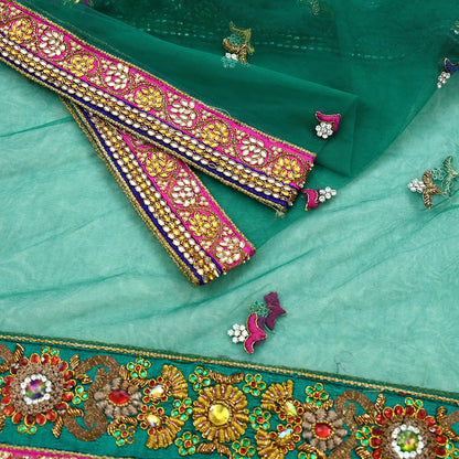 Indian Vintage Heavy Bridal Green Net Dupatta Hand Embroidered Zardozi Zari Sequins Stole Floral Design Hijab Veil Wedding/Party Wear