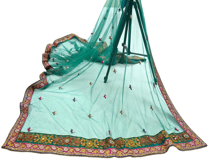 Indian Vintage Heavy Bridal Green Net Dupatta Hand Embroidered Zardozi Zari Sequins Stole Floral Design Hijab Veil Wedding/Party Wear