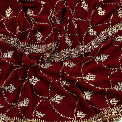 Indian Vintage Heavy Wedding Maroon Dupatta Georgette Long Stole Hand Embroidered Scarves Golden Zardozi Zari Stole Paisley