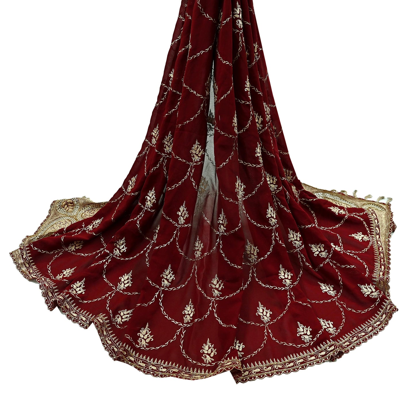 Indian Vintage Heavy Wedding Maroon Dupatta Georgette Long Stole Hand Embroidered Scarves Golden Zardozi Zari Stole Paisley