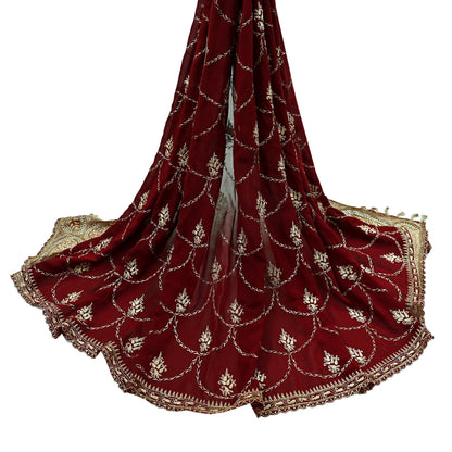 Indian Vintage Heavy Wedding Maroon Dupatta Georgette Long Stole Hand Embroidered Scarves Golden Zardozi Zari Stole Paisley