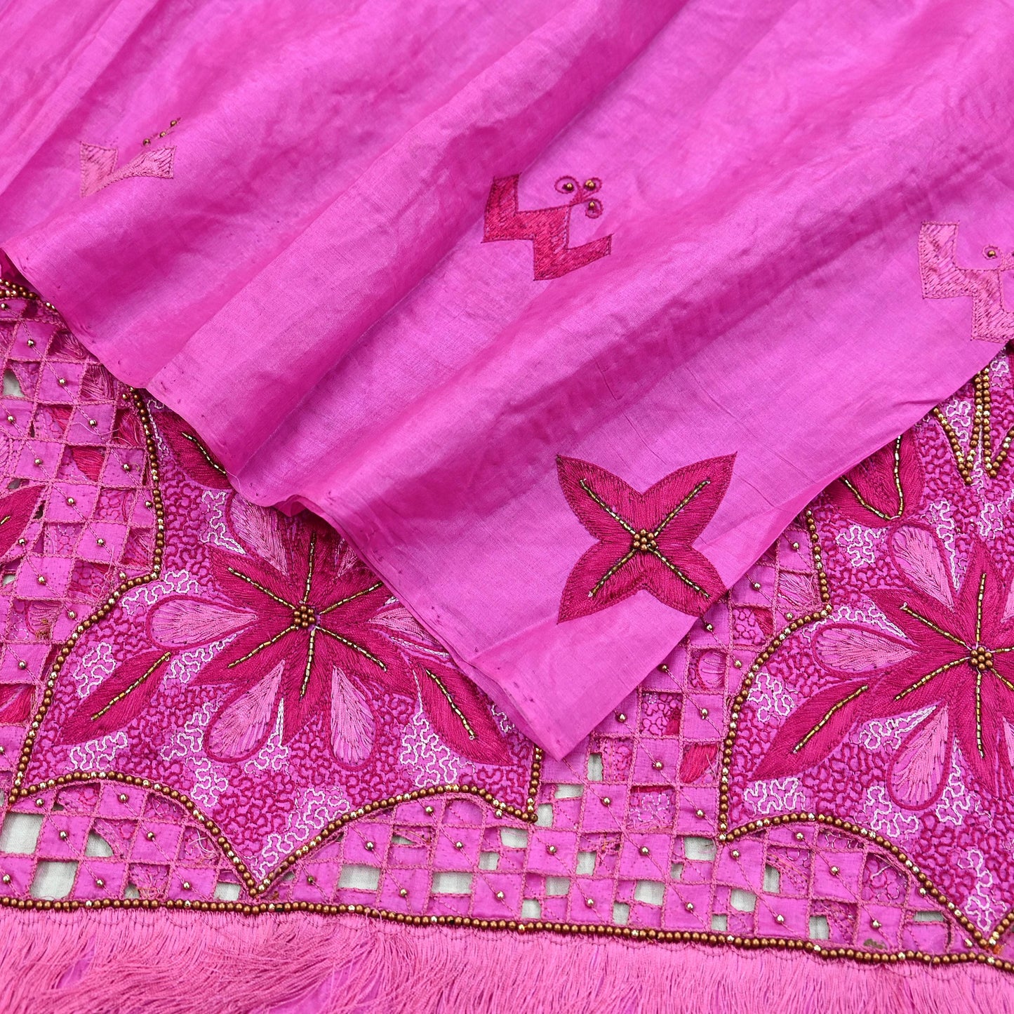 Indian Vintage Heavy Wedding Pink Dupatta Pure Silk Long Stole Hand Embroidered Scarves Zari Stole Fringes