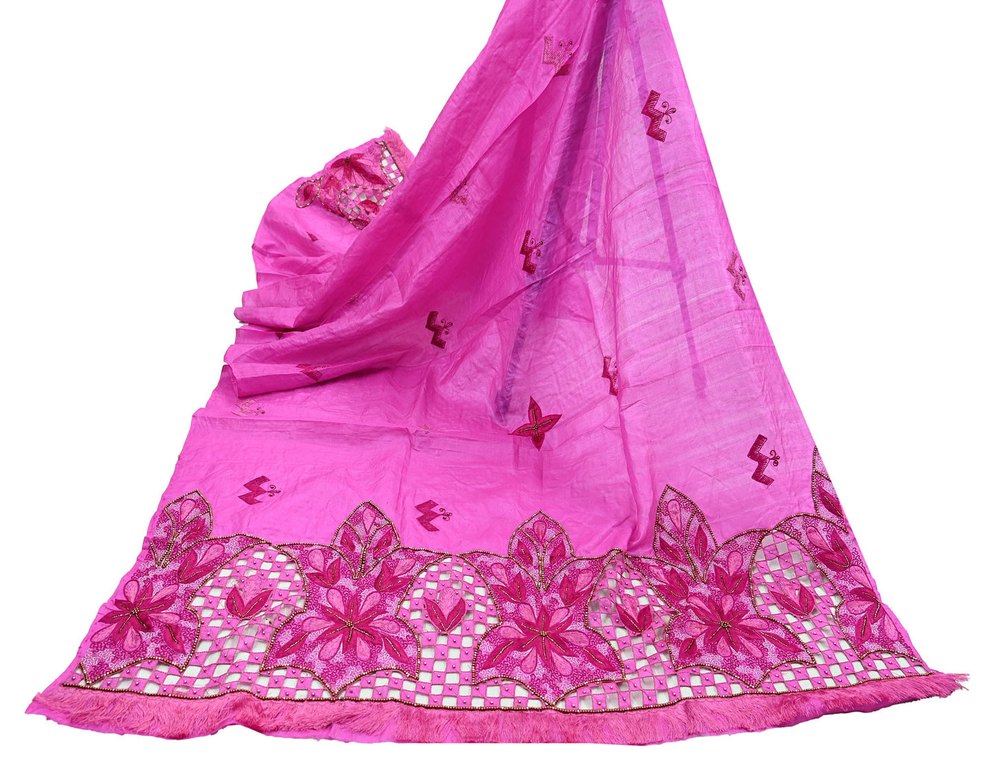 Indian Vintage Heavy Wedding Pink Dupatta Pure Silk Long Stole Hand Embroidered Scarves Zari Stole Fringes