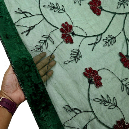 Indian Vintage Heavy Green Dupatta Net Mesh Long Stole Hand Embroidered Scarves Glass Beaded Sequins Hijab Veil wrap Boho