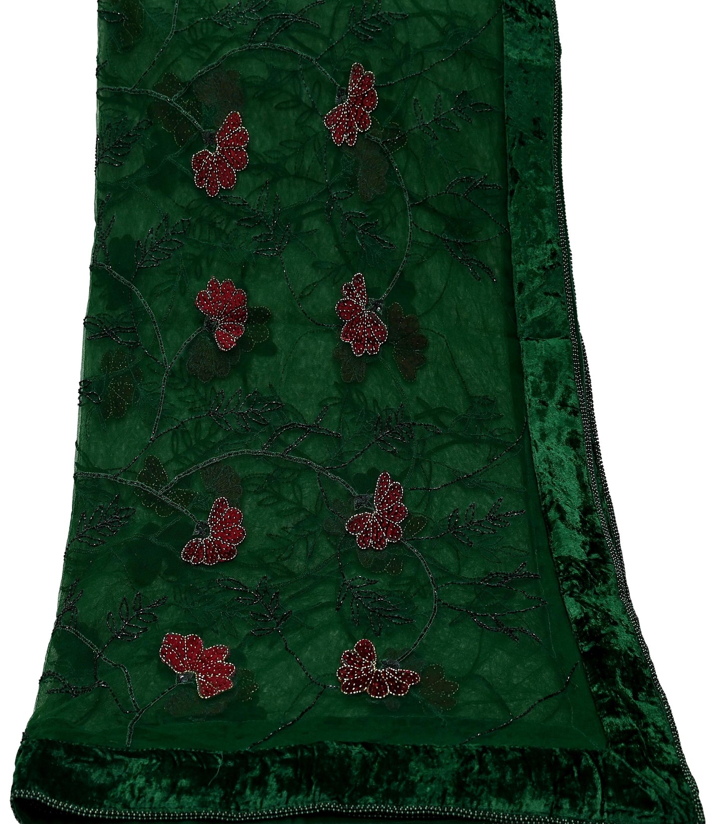 Indian Vintage Heavy Green Dupatta Net Mesh Long Stole Hand Embroidered Scarves Glass Beaded Sequins Hijab Veil wrap Boho